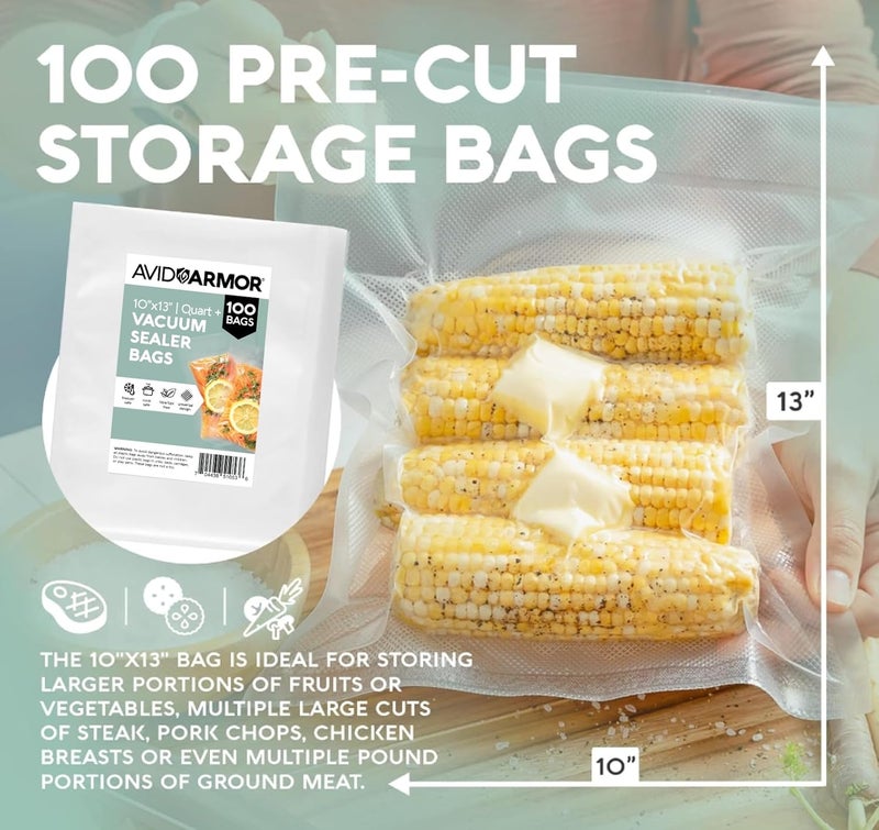 Avid Armor Vacuum Sealer Bags QUART PLUS Size 10"x13" 100 Pack for Food Saver and Seal A Meal Vac Sealers BPA Free Commercial Grade Sous Vide Vaccume Safe, Heavy Duty Universal Precut Storage Bag - Image 5